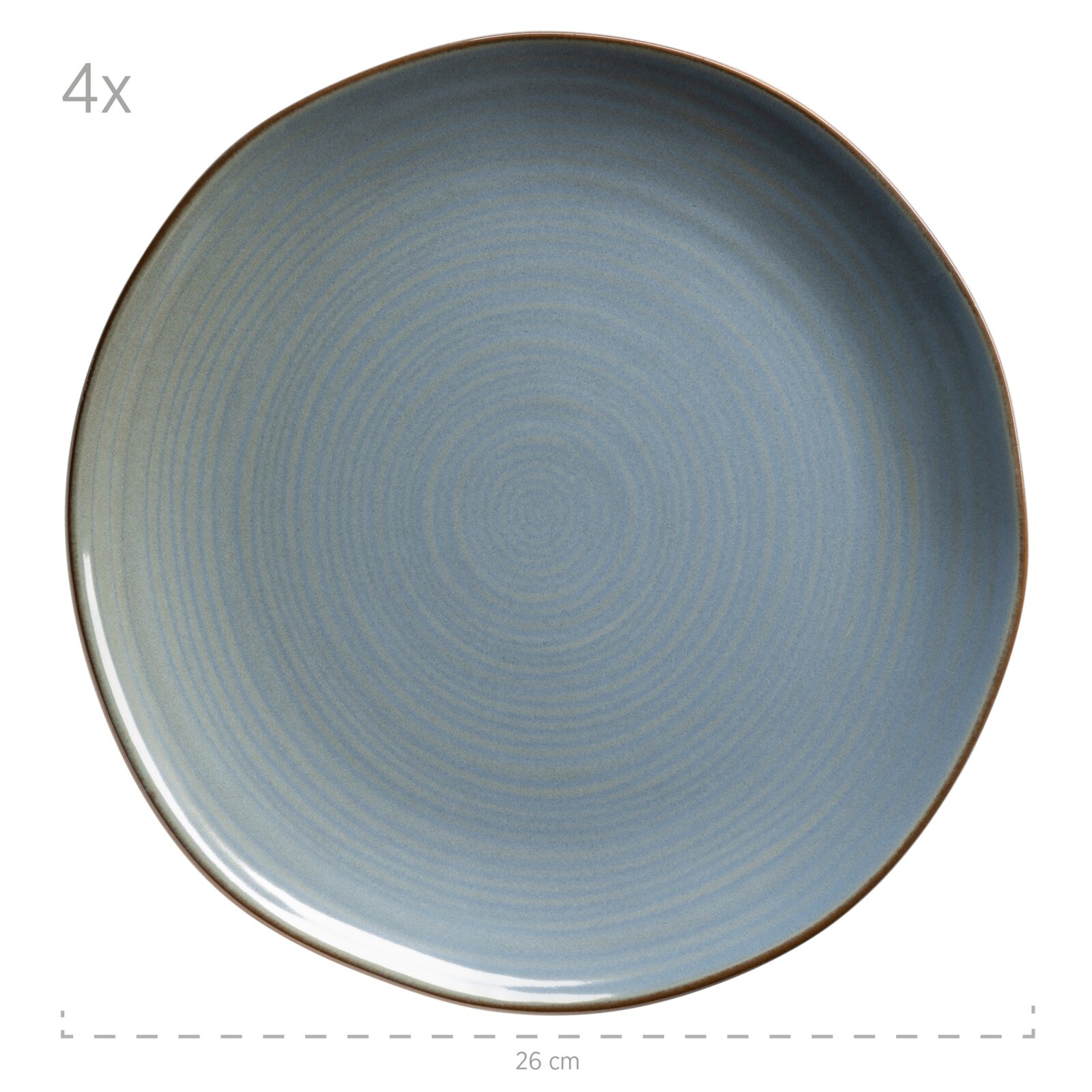 Runder, blau glasierter Keramik-Speiseteller mit konzentrischem Ringmuster und braunem Rand, Durchmesser ca. 26 cm, Draufsicht von oben (4er-Set).