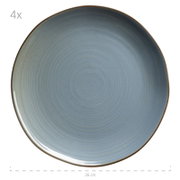 Runder, blau glasierter Keramik-Speiseteller mit konzentrischem Ringmuster und braunem Rand, Durchmesser ca. 26 cm, Draufsicht von oben (4er-Set).