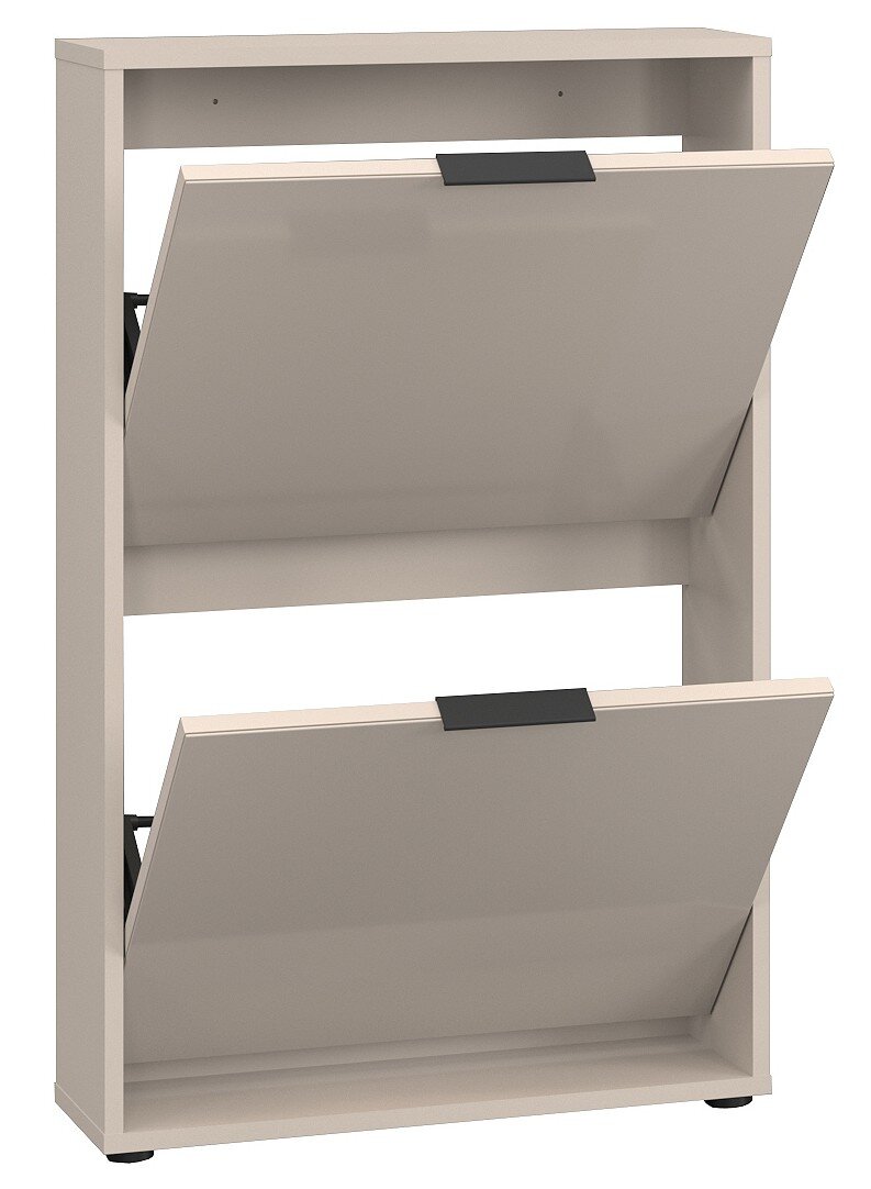 Beiger Schuhschrank mit zwei nach vorne kippbaren Klappen und schwarzen Griffleisten, freigestellt, Frontansicht leicht schräg von vorn