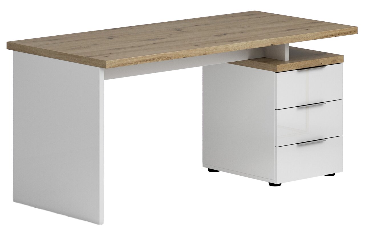 XORA Schreibtisch IDEA-OFFICE Moderner Schreibtisch mit weißem Korpus und Holzplatte, seitliche Schubladen, Perspektive von vorne rechts