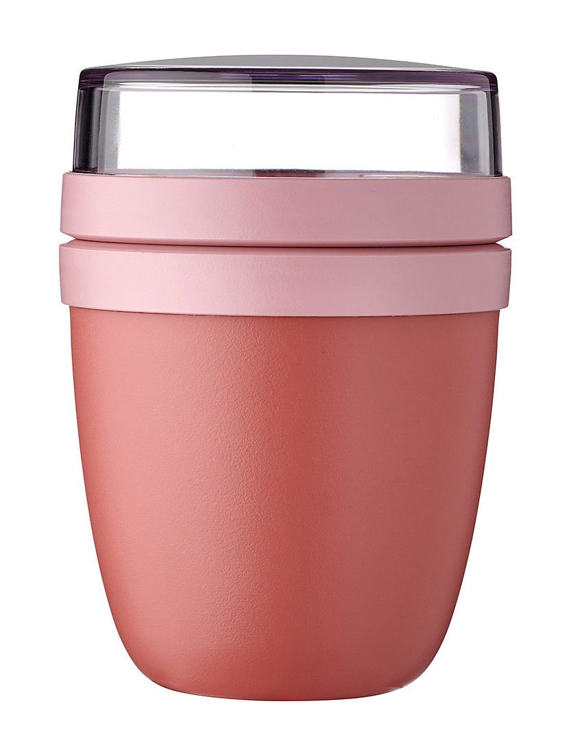 Rosa Lunchpot Ellipse Mini, Vorderansicht, mit transparentem Deckel und zwei rosa Ringen.
