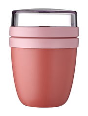 Rosa Lunchpot Ellipse Mini, Vorderansicht, mit transparentem Deckel und zwei rosa Ringen.