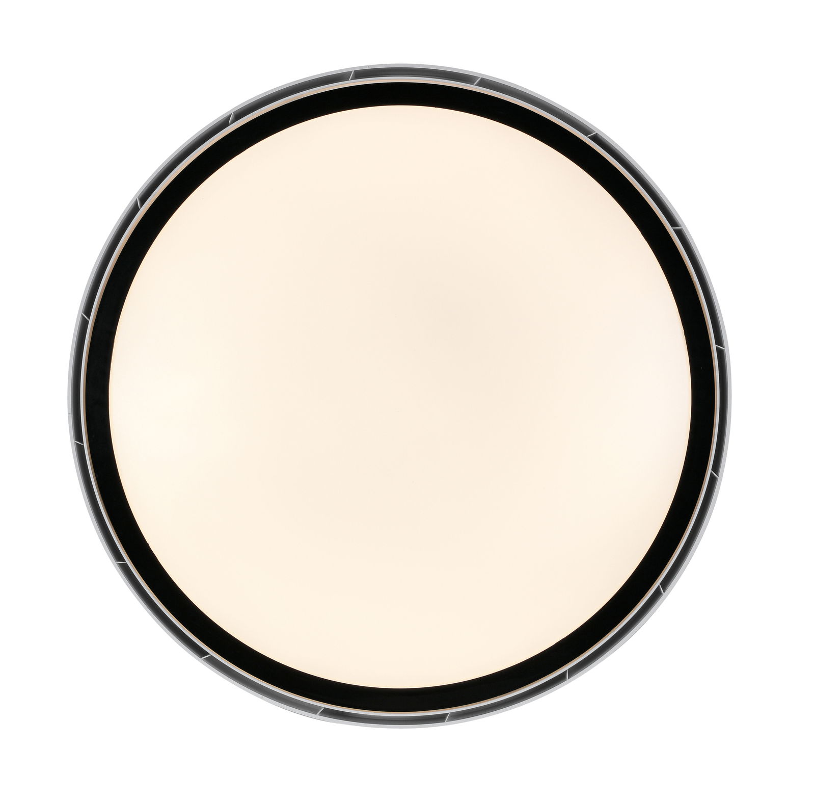 Runde Deckenventilator-Lampe aus der Vogelperspektive mit schwarzem Rand und weißem Leuchtmittel.