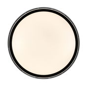 Runde Deckenventilator-Lampe aus der Vogelperspektive mit schwarzem Rand und weißem Leuchtmittel.