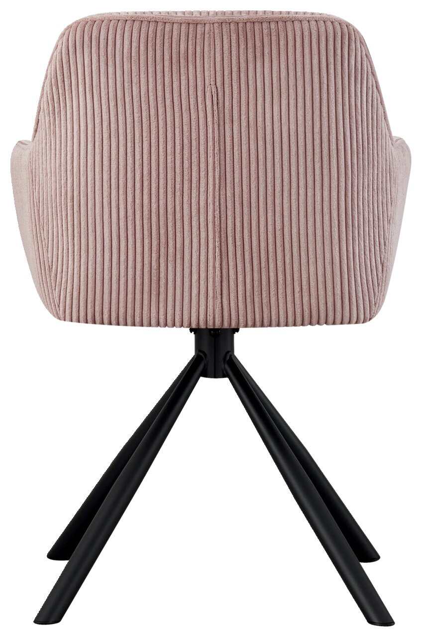 Rückansicht eines Armlehnstuhls mit rosa, geripptem Stoffbezug und schwarzen Metallbeinen.