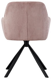 Rückansicht eines Armlehnstuhls mit rosa, geripptem Stoffbezug und schwarzen Metallbeinen.