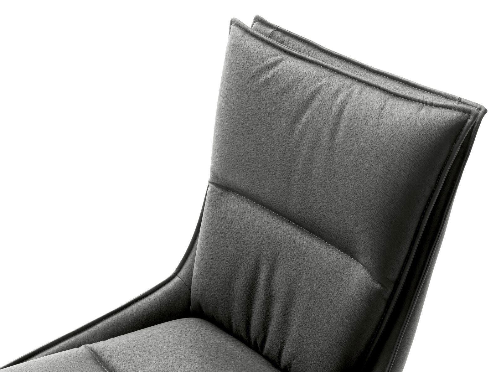 Nahaufnahme eines modernen, gepolsterten Stuhls in dunklem Leder, Ansicht von der Seite