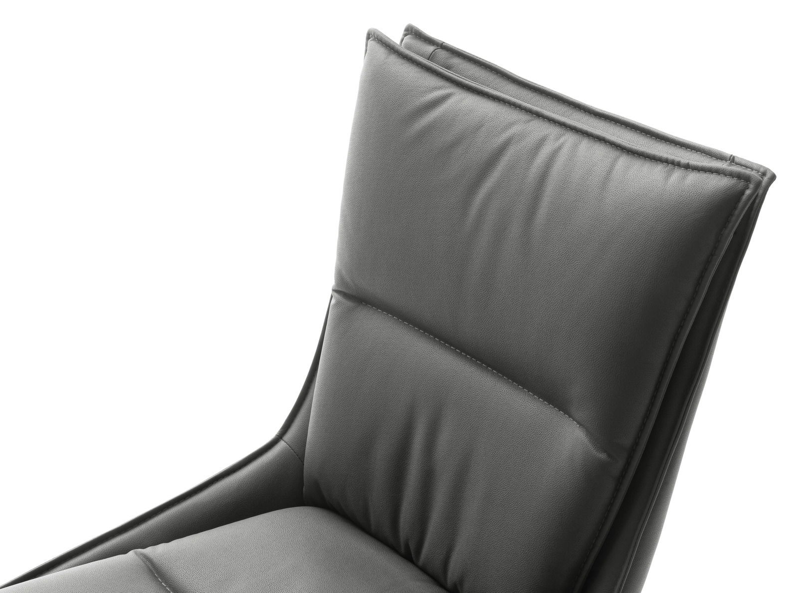 Nahaufnahme eines modernen, gepolsterten Stuhls in dunklem Leder, Ansicht von der Seite