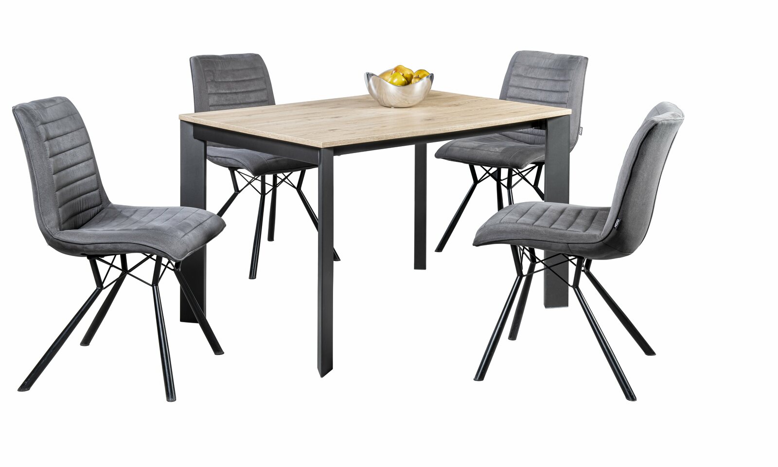 Moderner Esstisch mit Holzplatte und vier grauen Stühlen, seitliche Perspektive