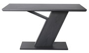 Moderner Tisch mit schrägem, Z-förmigem Fuß in dunkler Holzoptik, seitliche Perspektive