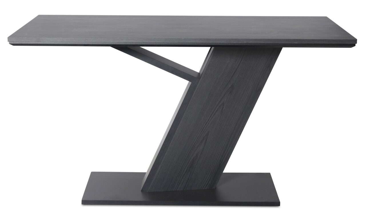 Moderner Tisch mit schrägem, Z-förmigem Fuß in dunkler Holzoptik, seitliche Perspektive