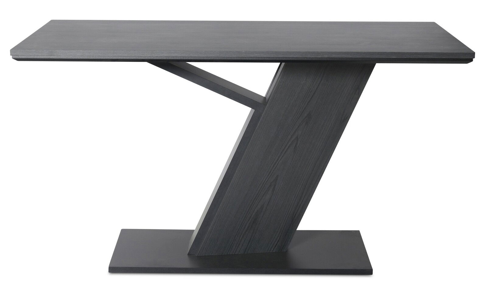 Moderner Tisch mit schrägem, Z-förmigem Fuß in dunkler Holzoptik, seitliche Perspektive