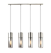 Moderne Hängeleuchte mit vier zylindrischen Lampenschirmen aus Metall und Glas, frontal betrachtet.