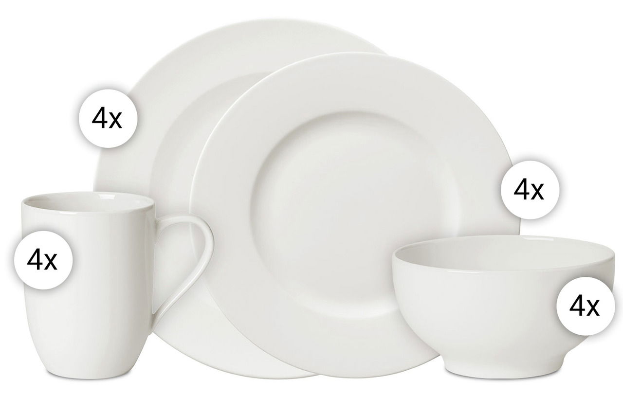 Starter-Set For Me 16-tlg. mit 4 Tellern, 4 Schalen und 4 Tassen aus weißem Porzellan, seitliche Perspektive