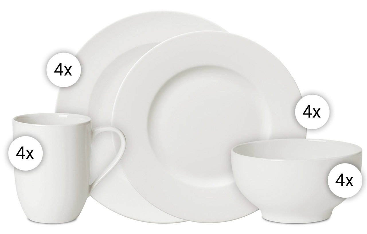 Starter-Set For Me 16-tlg. mit 4 Tellern, 4 Schalen und 4 Tassen aus weißem Porzellan, seitliche Perspektive