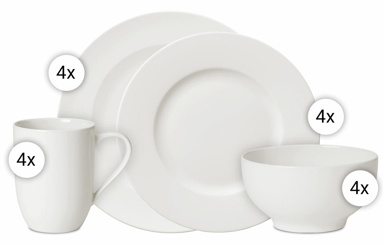 Villeroy & Boch Starter-Set 16-tlg. FOR ME Starter-Set For Me 16-tlg. mit 4 Tellern, 4 Schalen und 4 Tassen aus weißem Porzellan, seitliche Perspektive