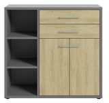 Moderner Aktenschrank mit zwei Schubladen und zwei Türen in Holzoptik, links offene Regalfächer, Frontalansicht