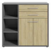 Moderner Aktenschrank mit zwei Schubladen und zwei Türen in Holzoptik, links offene Regalfächer, Frontalansicht