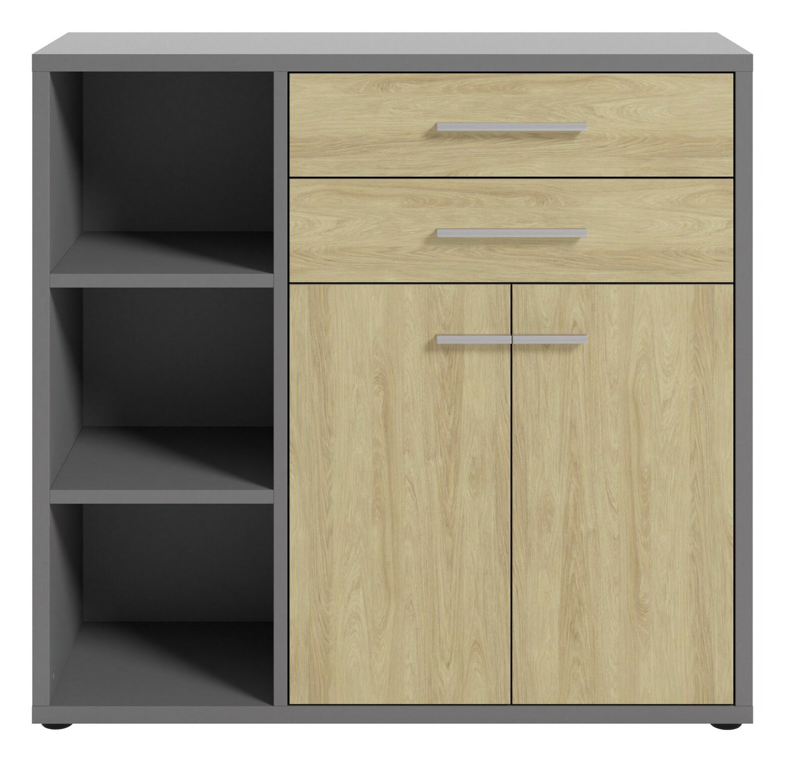 Moderner Aktenschrank mit zwei Schubladen und zwei Türen in Holzoptik, links offene Regalfächer, Frontalansicht