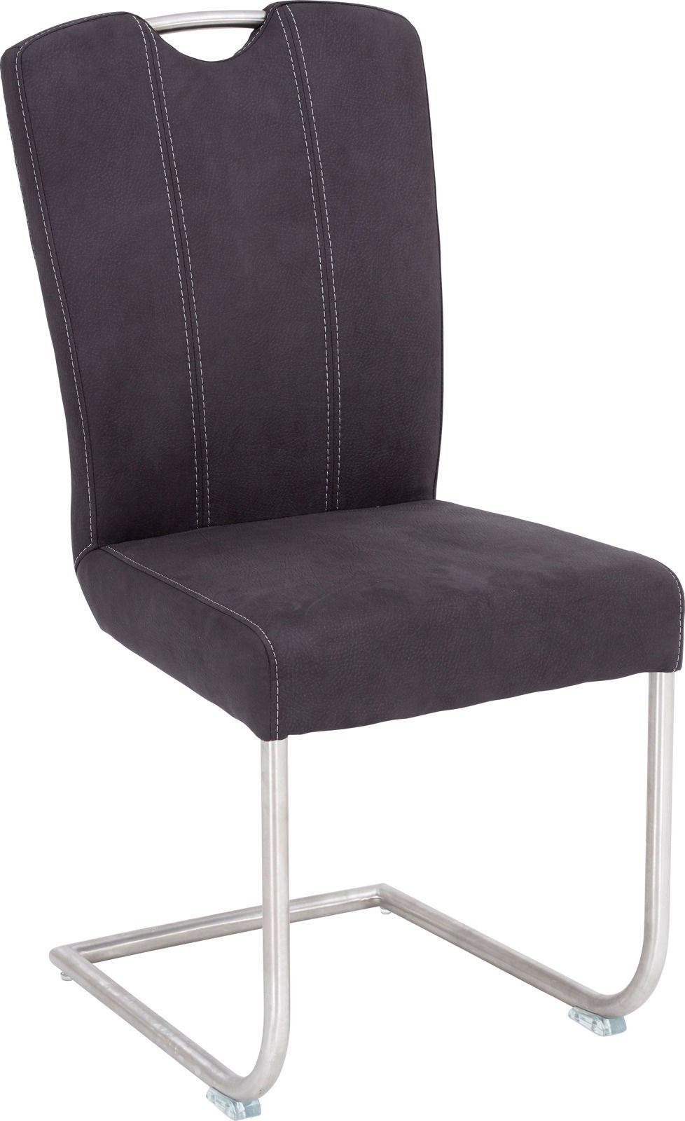 Moderner Freischwinger-Stuhl in dunklem Stoffbezug mit Metallgestell, seitliche Perspektive