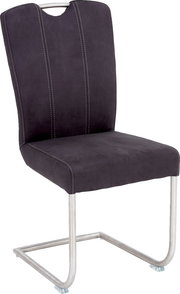 Moderner Freischwinger-Stuhl in dunklem Stoffbezug mit Metallgestell, seitliche Perspektive