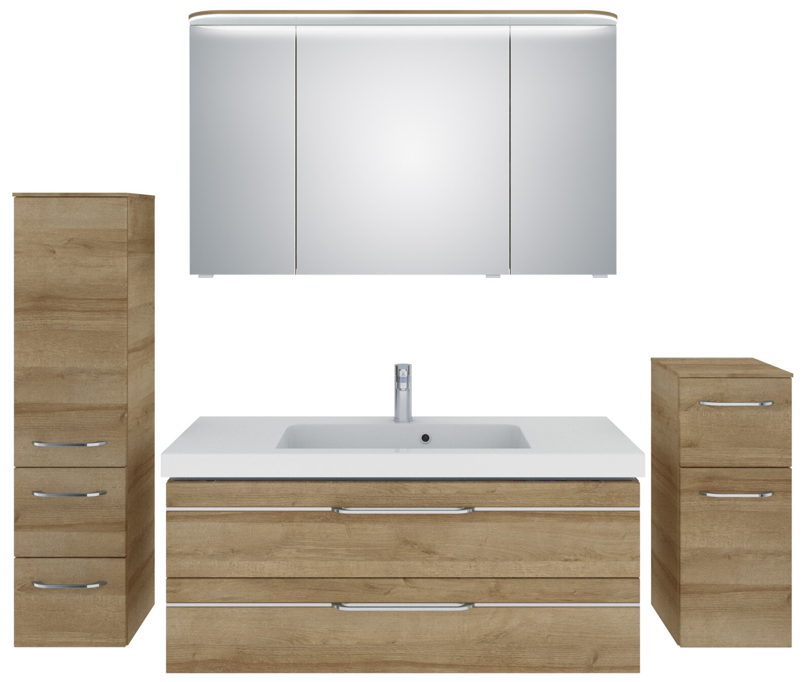Badezimmermöbel-Set in Holzoptik mit Waschbecken, Spiegelschrank und zwei Schränken, frontale Ansicht