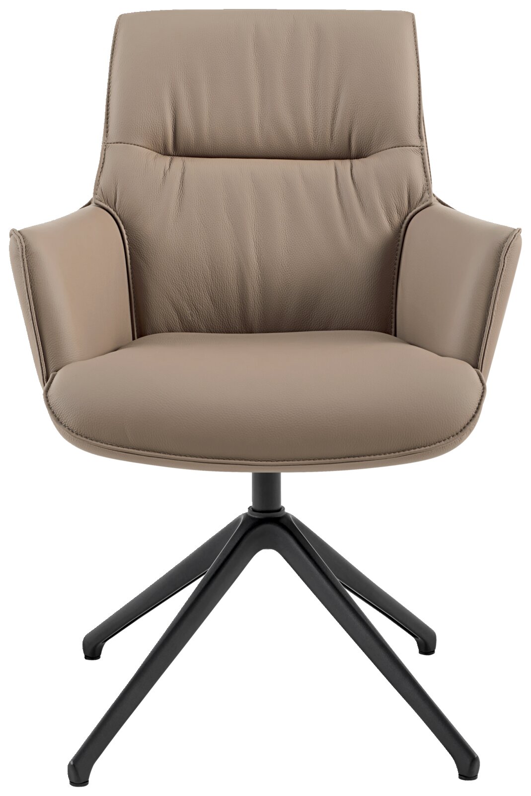 Moderner Armlehnstuhl in Beige mit schwarzem Metallgestell, Frontalansicht