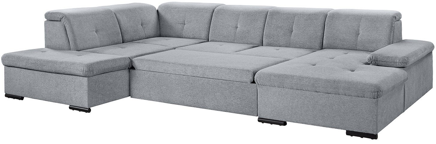 Graues Ecksofa in U-Form mit Polsterung, Ansicht von schräg vorne.