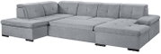 Graues Ecksofa in U-Form mit Polsterung, Ansicht von schräg vorne.
