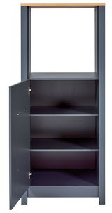 Herd-Umbauschrank in grauer Farbe mit geöffneter Tür, zwei Einlegeböden und einer Holzoberfläche, Frontalansicht