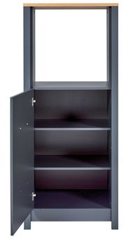 Herd-Umbauschrank in grauer Farbe mit geöffneter Tür, zwei Einlegeböden und einer Holzoberfläche, Frontalansicht