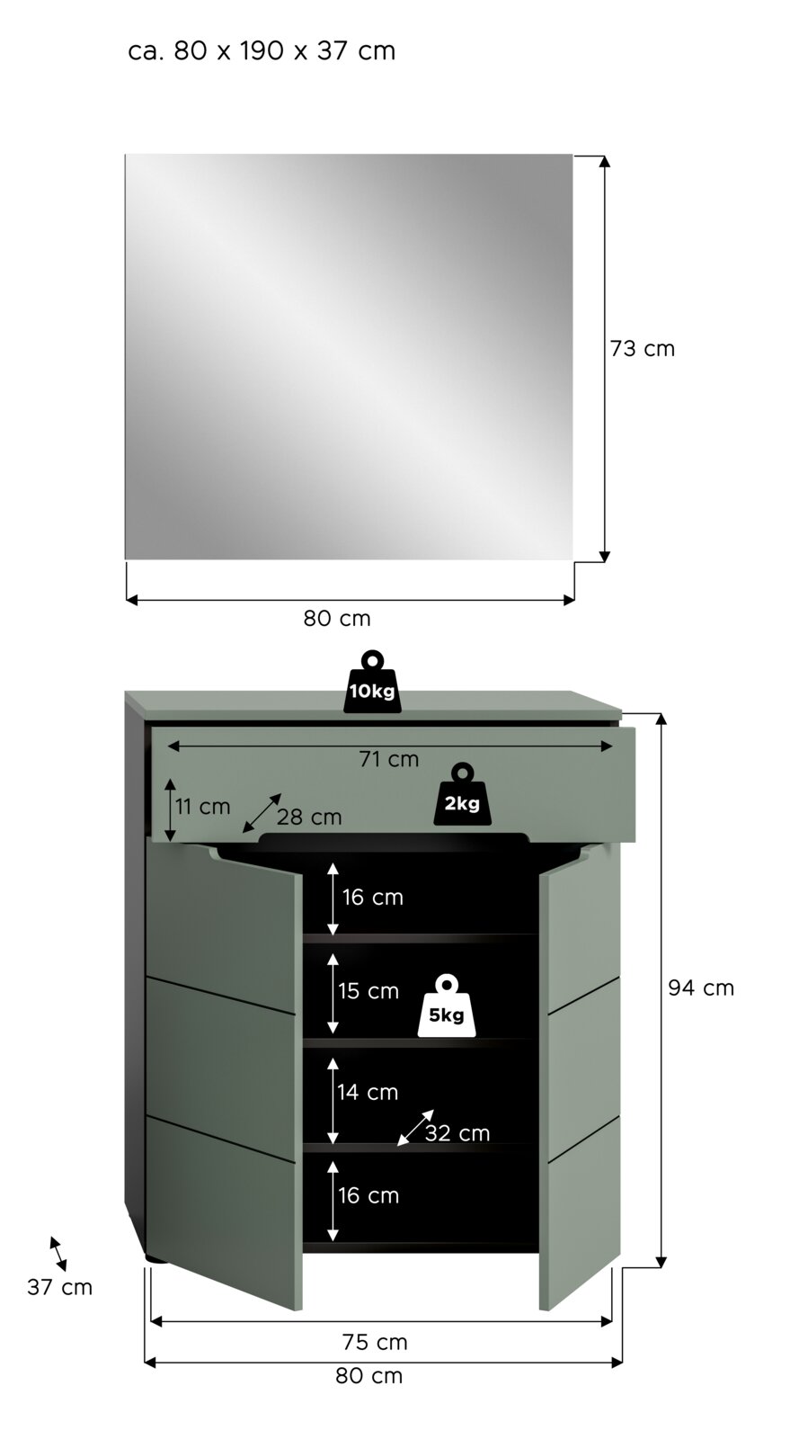 Grauer Badezimmerschrank/Waschbeckenunterschrank mit zwei geöffneten Türen und Innenregalen, Maßgrafik in Frontansicht mit ca. 80×190×37 cm sowie Detailmaßen und Belastungsangaben.