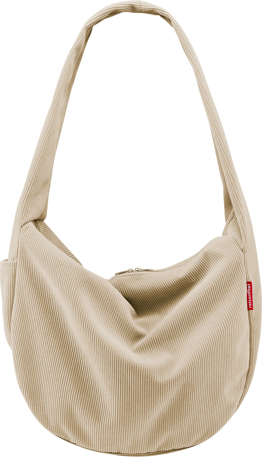 Beige Cord-Umhängetasche im Hobo-Design mit Reißverschluss und rotem reisenthel-Label, Frontansicht freigestellt auf weißem Hintergrund.