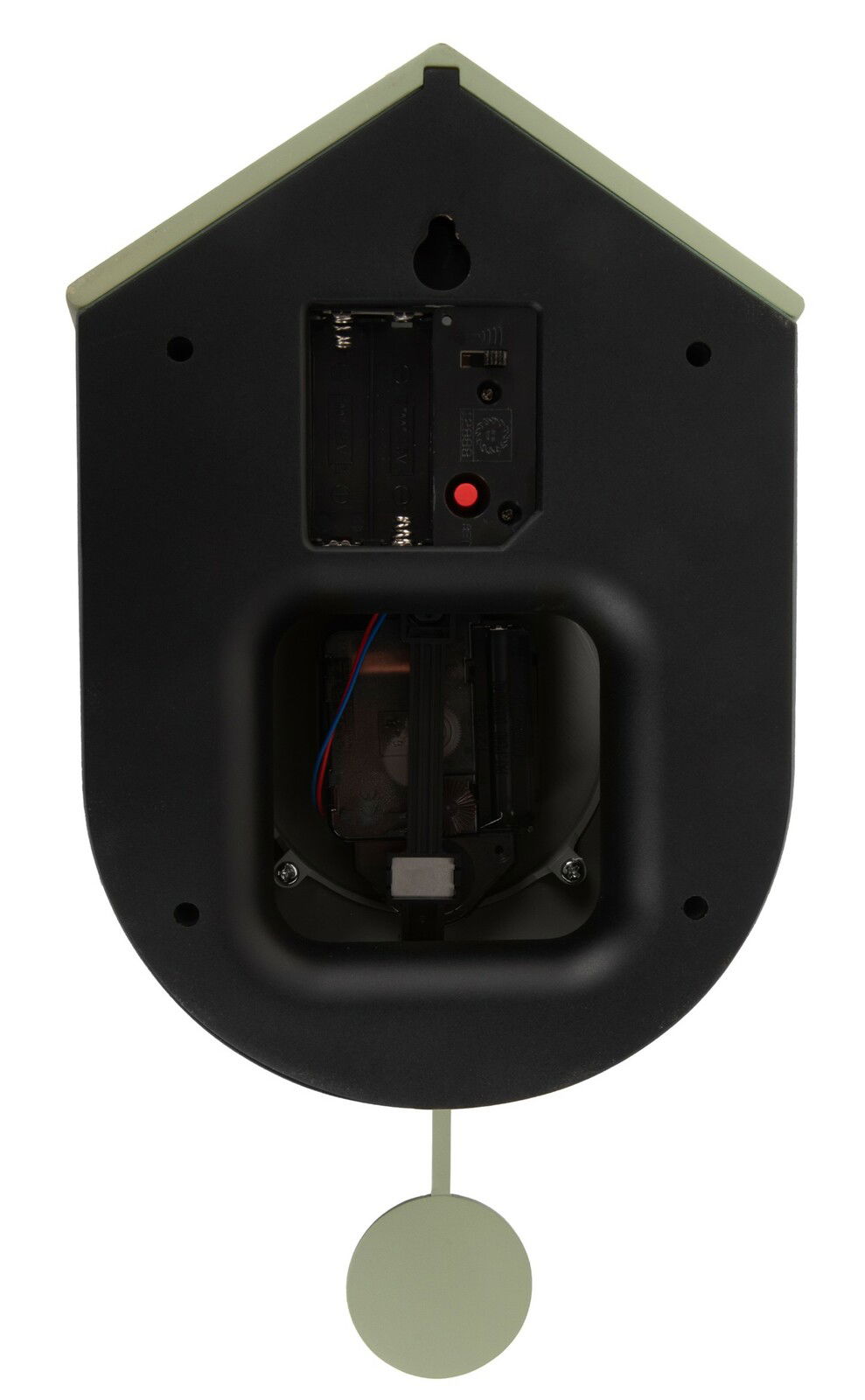 Rückansicht einer Wanduhr mit batteriebetriebenem Mechanismus und Pendel, in einem modernen Design. Perspektive von hinten.