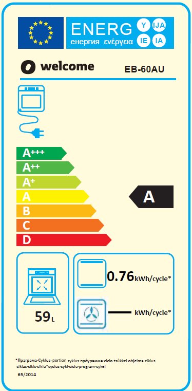 Energieeffizienzlabel für einen Backofen mit der Energieklasse A, einem Energieverbrauch von 0,76 kWh pro Zyklus und einem Fassungsvermögen von 59 Litern. Frontalansicht.