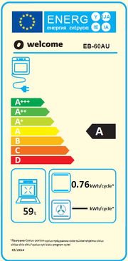 Energieeffizienzlabel für einen Backofen mit der Energieklasse A, einem Energieverbrauch von 0,76 kWh pro Zyklus und einem Fassungsvermögen von 59 Litern. Frontalansicht.