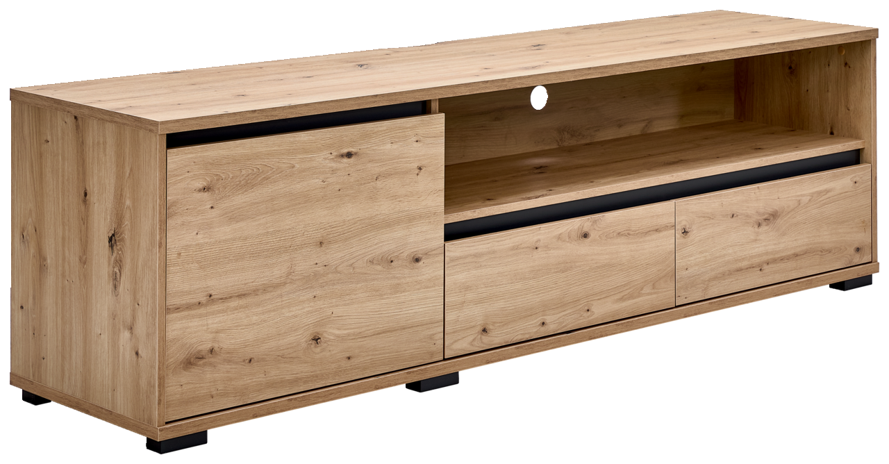 Carryhome TV-Lowboard LINE TV-Lowboard aus Holz in Eichenoptik mit zwei Schubladen und einem offenen Fach, seitliche Perspektive