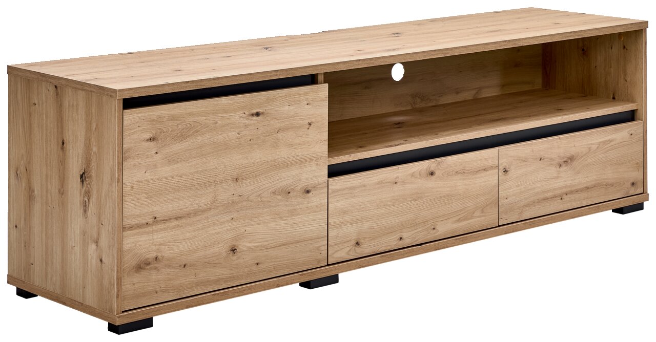 TV-Lowboard aus Holz in Eichenoptik mit zwei Schubladen und einem offenen Fach, seitliche Perspektive