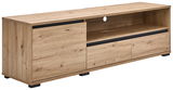 TV-Lowboard aus Holz in Eichenoptik mit zwei Schubladen und einem offenen Fach, seitliche Perspektive