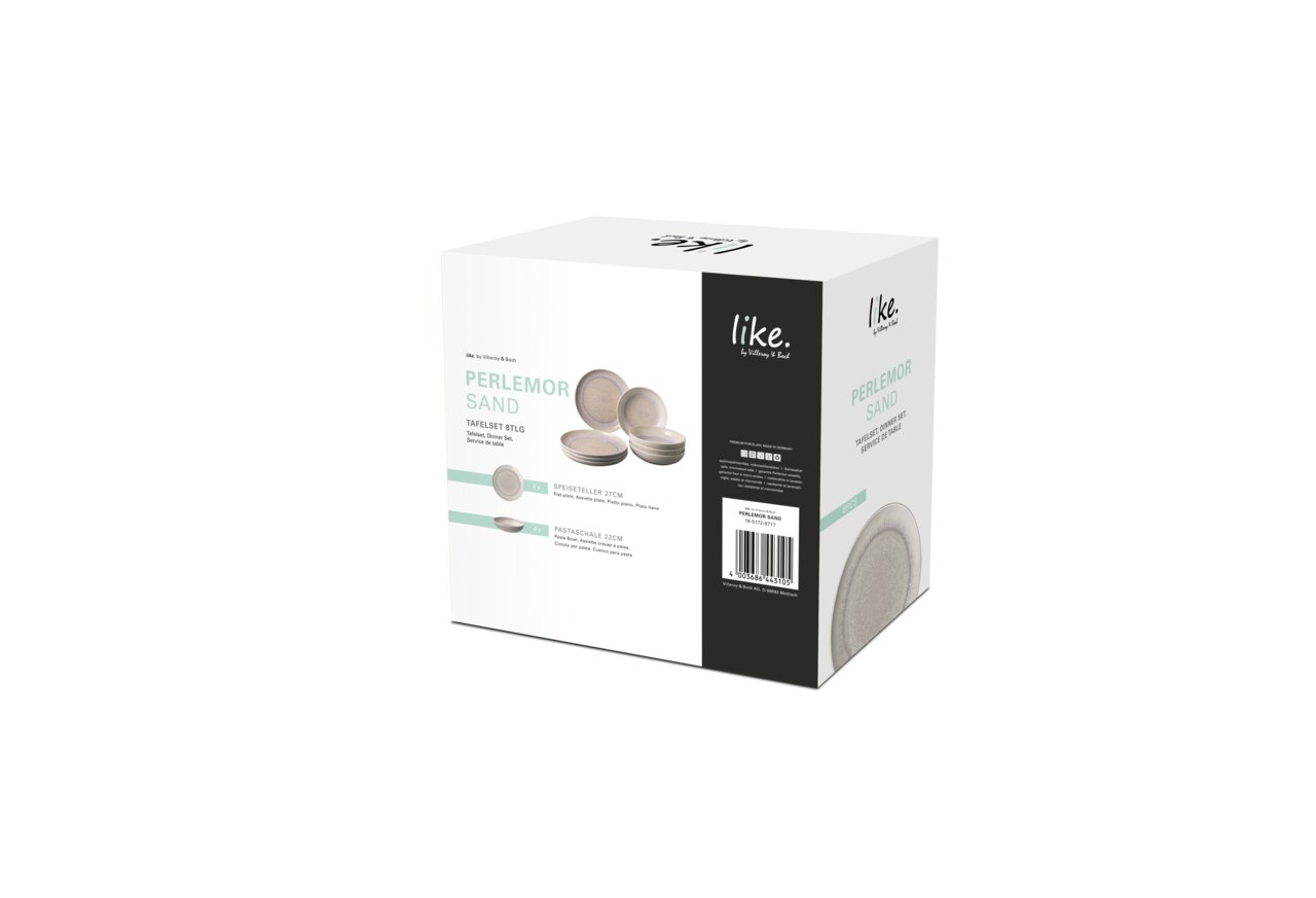 Verpackung des 8-teiligen Tafelservice 'Perlemor Sand' von Villeroy & Boch, schräg von vorne fotografiert.