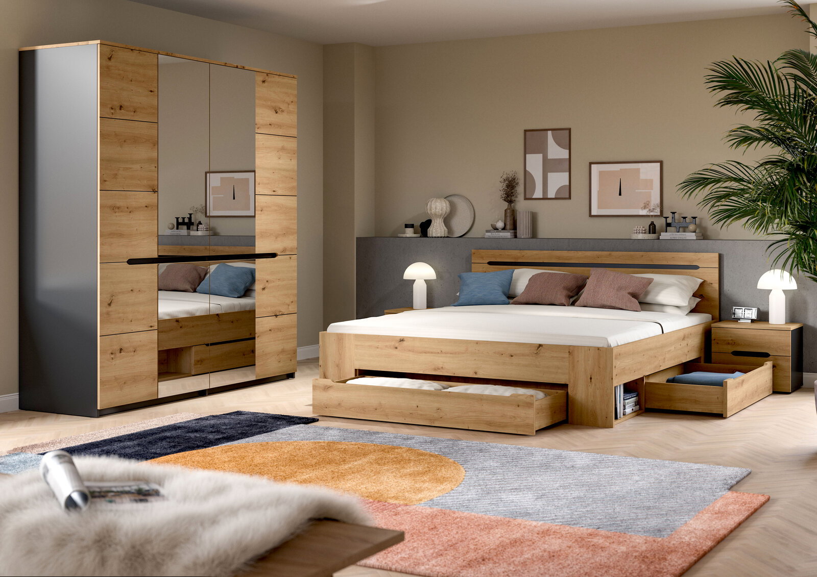 Modernes Schlafzimmer-Set in Eiche-Optik mit Bett inklusive Bettkasten-Schublade, Nachttisch und Kleiderschrank mit Spiegeltüren, fotografiert in schräger Frontansicht aus leicht erhöhter Perspektive.