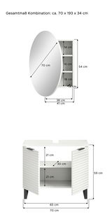 Badkombination mit rundem Spiegel und Unterschrank, Gesamtmaße ca. 70 x 193 x 34 cm, seitliche Perspektive