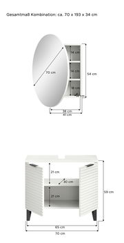 Badkombination mit rundem Spiegel und Unterschrank, Gesamtmaße ca. 70 x 193 x 34 cm, seitliche Perspektive