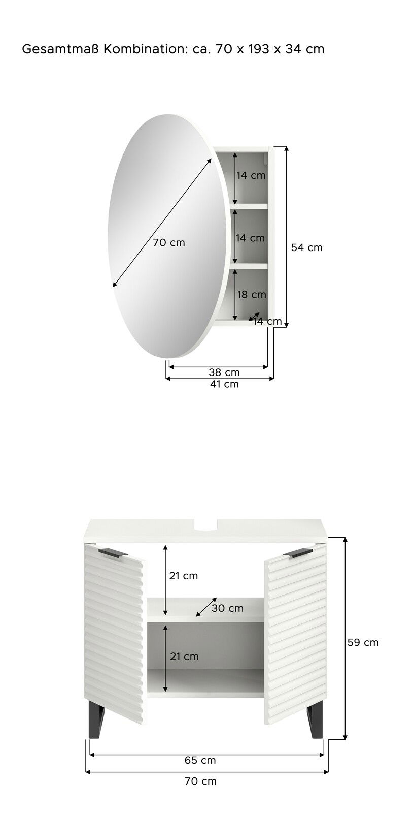 Badkombination mit rundem Spiegel und Unterschrank, Gesamtmaße ca. 70 x 193 x 34 cm, seitliche Perspektive