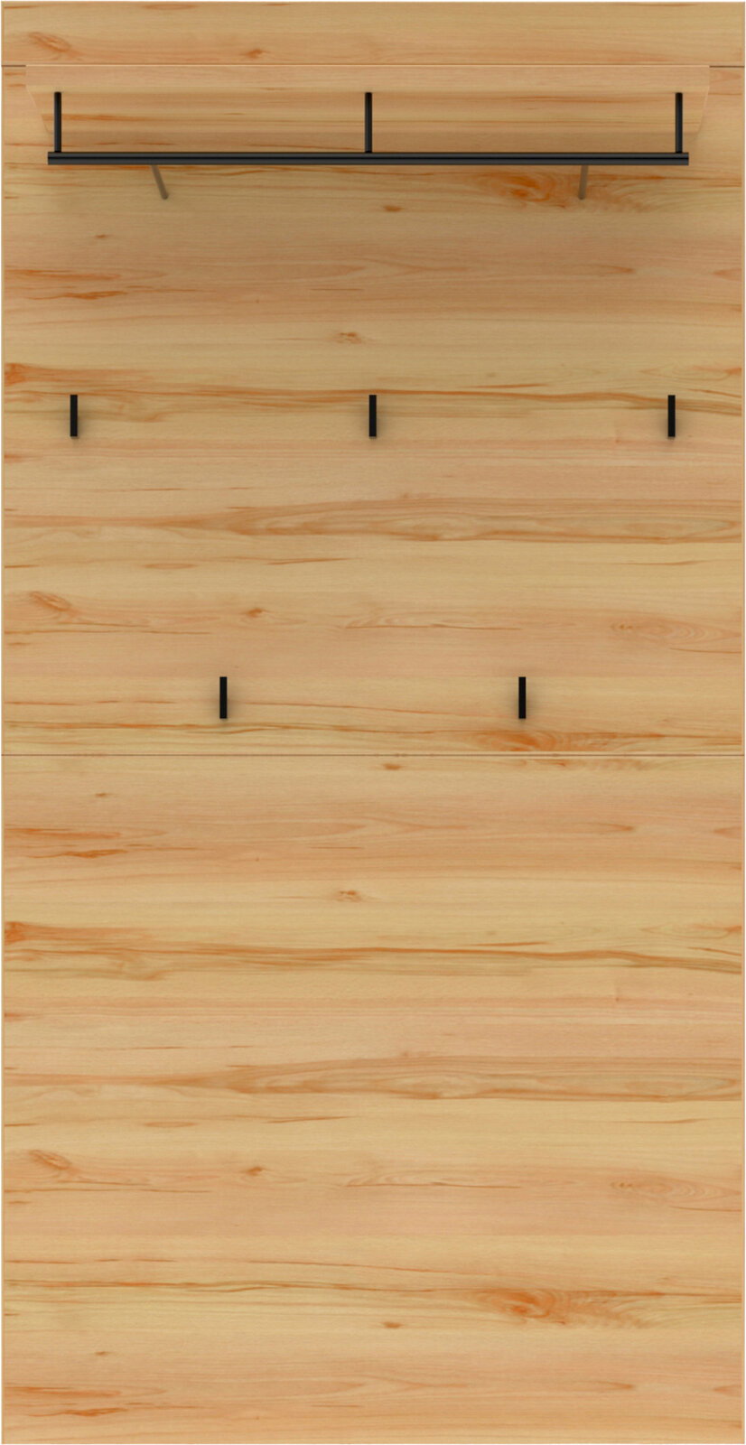 Frontale Ansicht einer hellen Holz-Garderobenpaneele mit schwarzer Ablageleiste oben und mehreren schwarzen Haken, natürliche Holzmaserung
