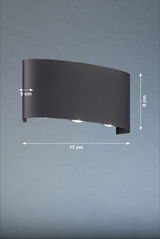 Moderne schwarze Wandleuchte mit gebogenem Design, seitliche Perspektive, Maße: 17 cm Breite, 8 cm Höhe, 5 cm Tiefe.