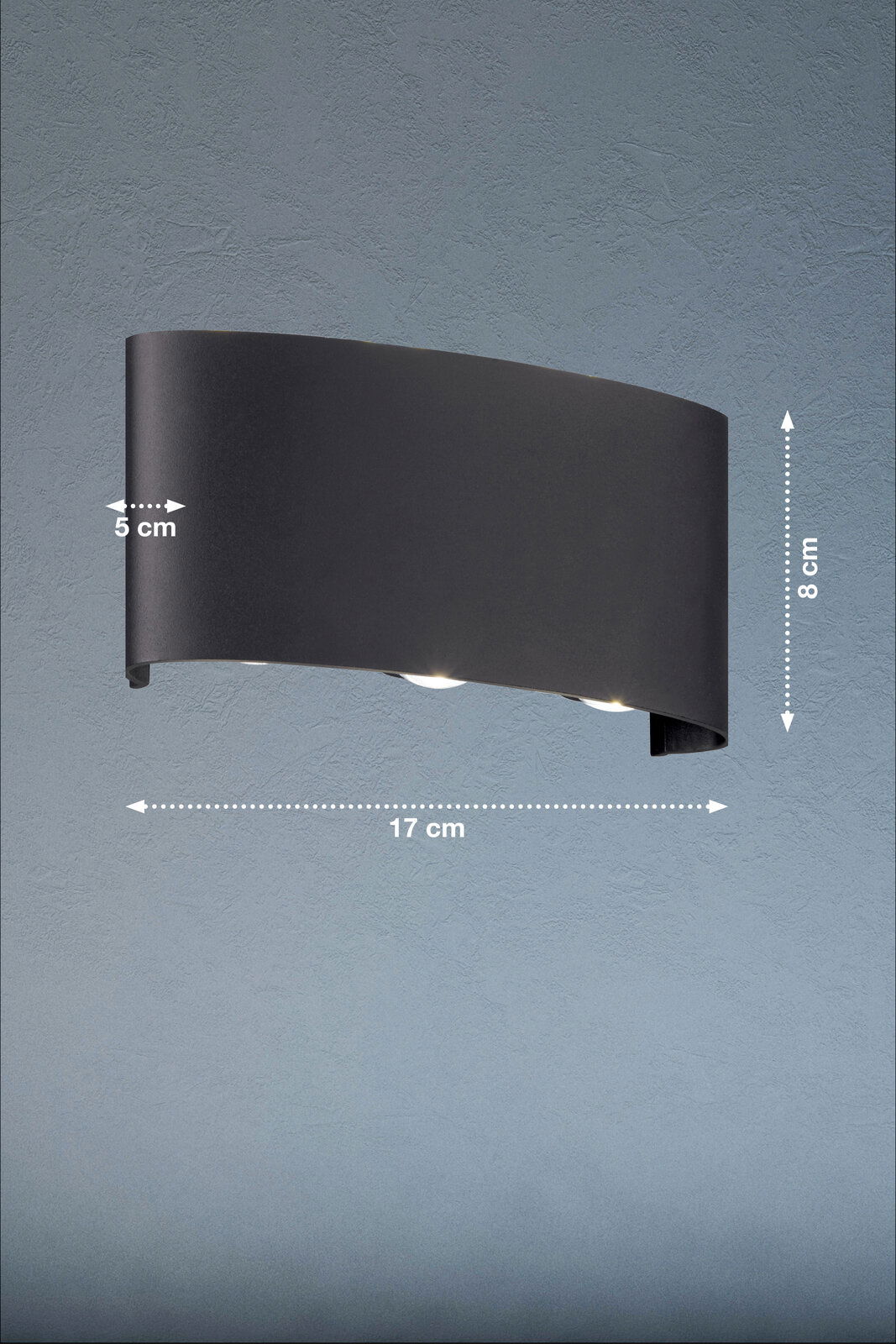 Moderne schwarze Wandleuchte mit gebogenem Design, seitliche Perspektive, Maße: 17 cm Breite, 8 cm Höhe, 5 cm Tiefe.