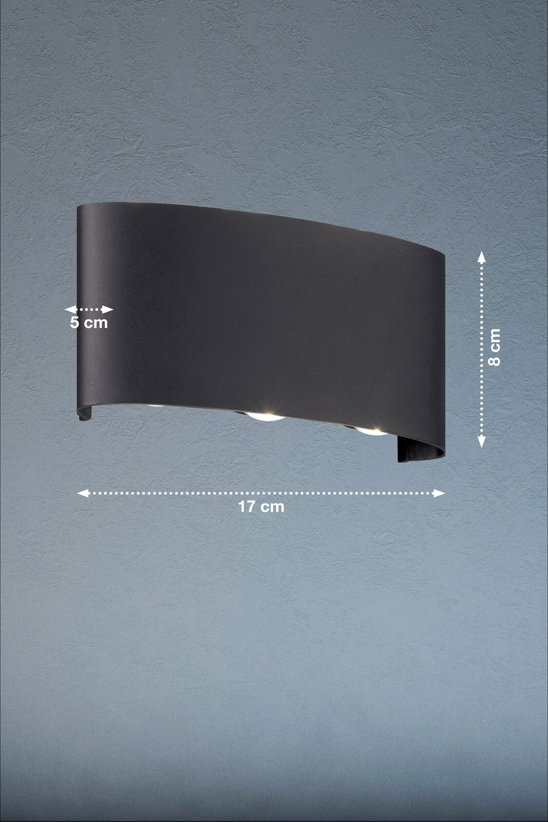 Moderne schwarze Wandleuchte mit gebogenem Design, seitliche Perspektive, Maße: 17 cm Breite, 8 cm Höhe, 5 cm Tiefe.