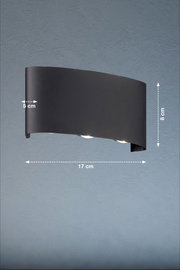 Moderne schwarze Wandleuchte mit gebogenem Design, seitliche Perspektive, Maße: 17 cm Breite, 8 cm Höhe, 5 cm Tiefe.