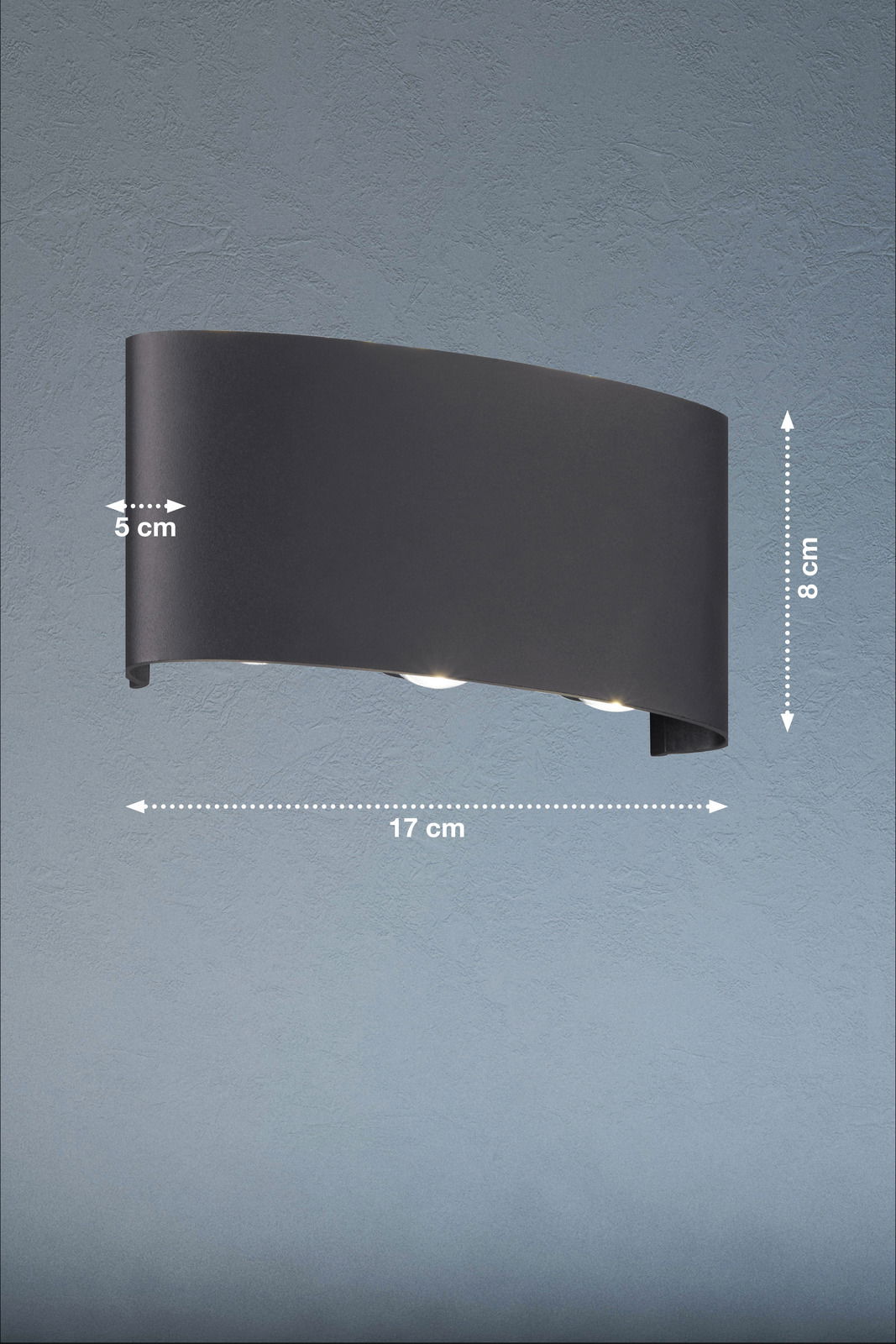 Moderne schwarze Wandleuchte mit gebogenem Design, seitliche Perspektive, Maße: 17 cm Breite, 8 cm Höhe, 5 cm Tiefe.